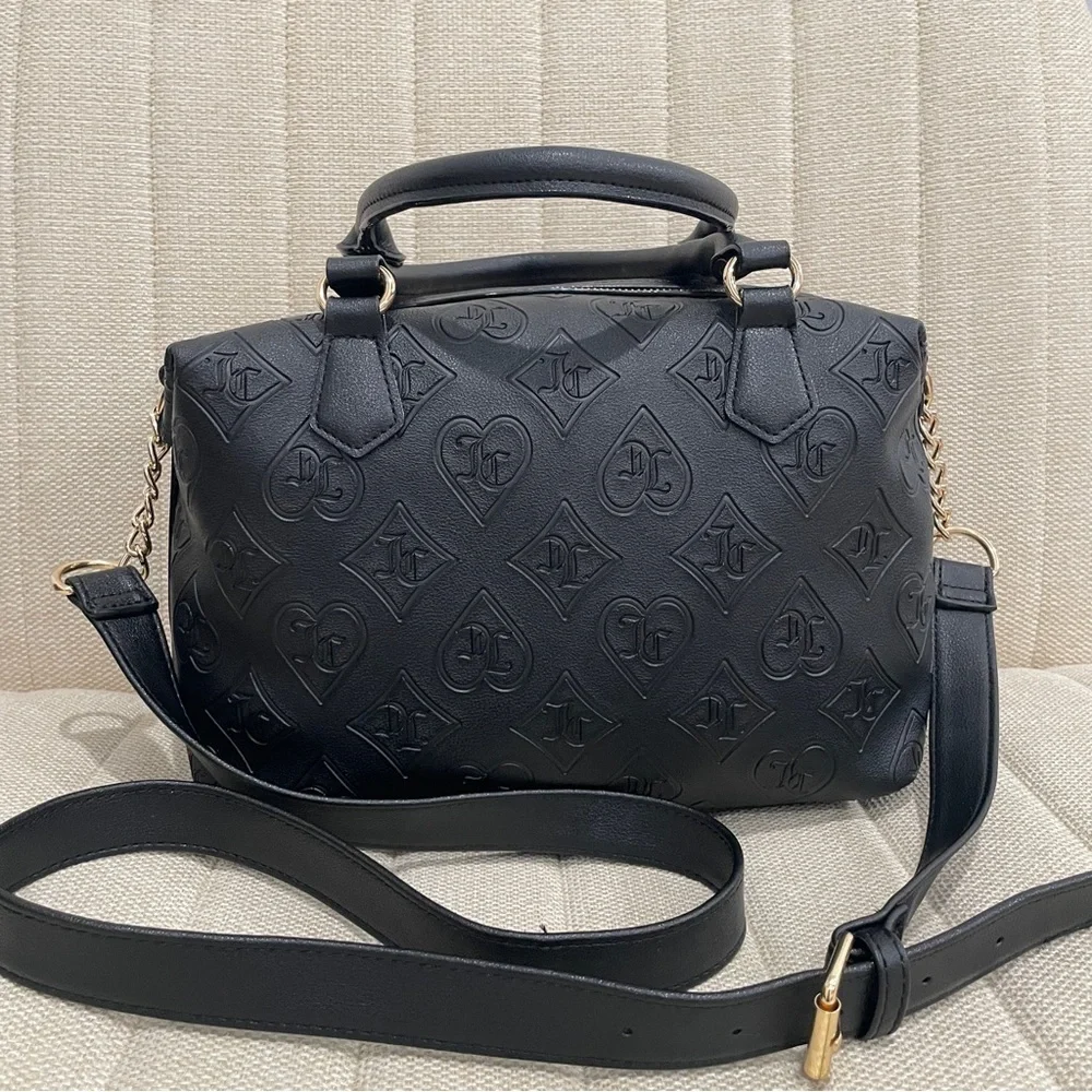 NEW Juicy Couture Black Embossed Monogram Heart Rhinestone Satchel Crossbody Bag